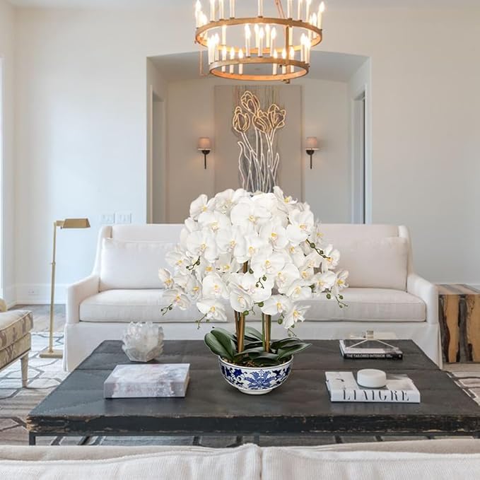 Briful Large Orchid Fake Flower in Blue and White Porcelain Bowl 24.8" White Orchid Silk Floral Arrangement Faux Phalaenopsis Flower for Home Office Room Kitchen Table Centerpiece Decor