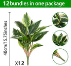 12PCS Artificial Tropical Green Plants – 15.75" Fake Hostas Outdoor Artificial Plants, UV Resistant, Faux Green Leaf Stems for Porch, Patio, Balcony, Garden Planter or Indoor Décor