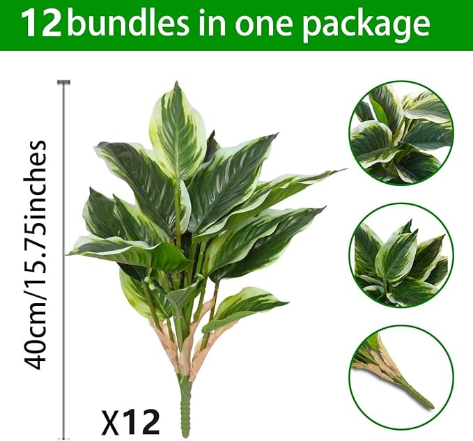 12PCS Artificial Tropical Green Plants – 15.75" Fake Hostas Outdoor Artificial Plants, UV Resistant, Faux Green Leaf Stems for Porch, Patio, Balcony, Garden Planter or Indoor Décor