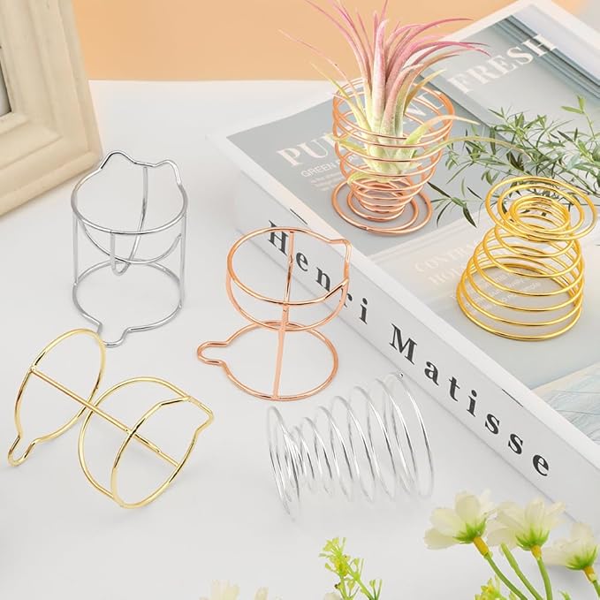 Air plant holders unique, 6pcs/pack Geometric Metal Plants Stand Airplant Container Tillandsia Holder Planter Shelves Airplants Rack Tabletop Decor for Plant Lovers(cat + spring shape)