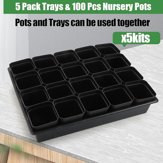 RooTrimmer 3.15 inch (8CM) Square Nursery Pots 100 pcs, Sturdy Seedlings Trays 5 Pcs, Seeds Starter Germination Tray, Microgreening Planter Nursery Propagation 5 Sets