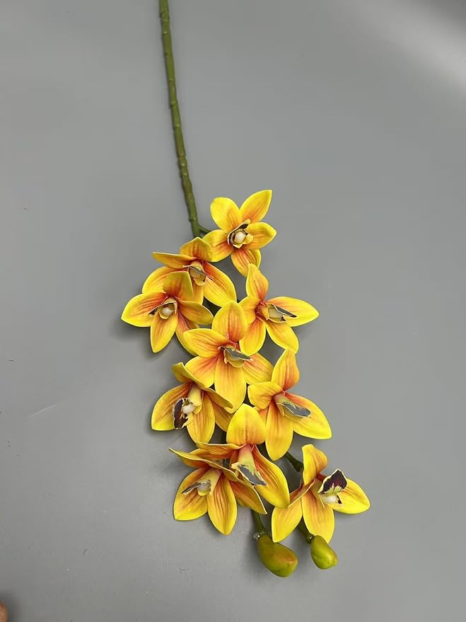4pcs Artificial Cymbidium Orchid Flower Plant 3D Print Vanda 10 Heads Latex Phalaenopsis Flower (Black Heart Yellow)
