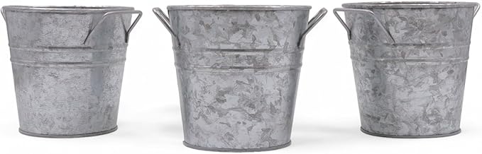 Hosley Set of 3 Galvanized Metal Planters – Rustic Farmhouse Flower Pots with Liner for Indoor, Outdoor, Patio & Wedding Decor