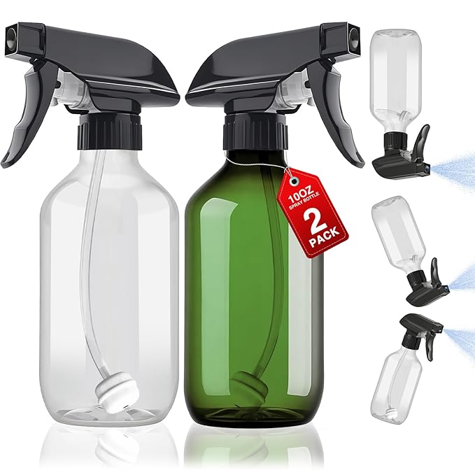 2 Packs Plastic Spray Bottles 360°Water Spray Bottle for Cleaning - 10 oz/300 ml Upside Down Spray Bottle Small Squirt Bottle with Adjustable Nozzle for Hair, Cooking, Plant, Pet (Clear + Green)