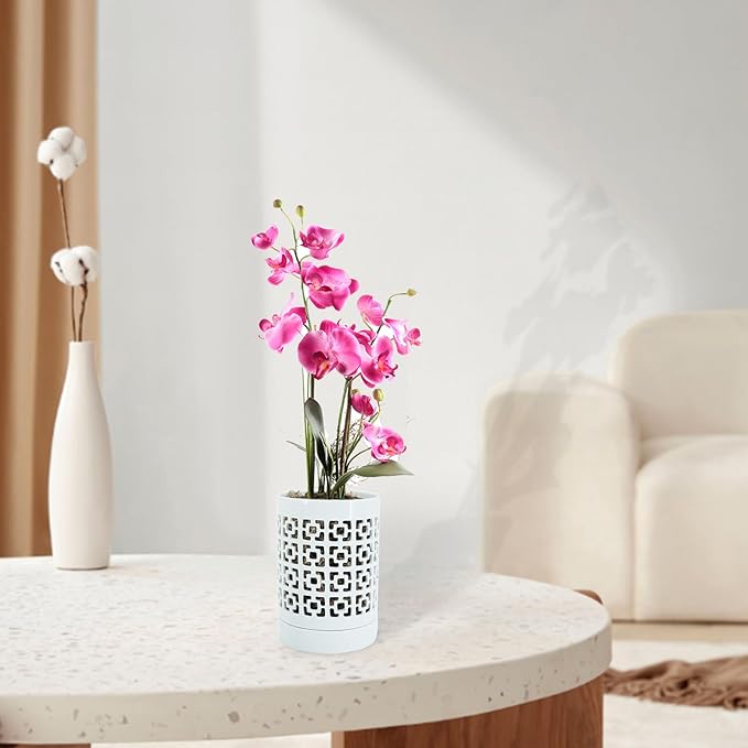 Orchid Pots with Holes 4 Inch, Ceramic Orchid Pot for Repotting with Saucers,More Ventilation Hole Easy Breathing, Plant Pot for Repotting Orchids and Other Flowers - Indoor/Outdoor White