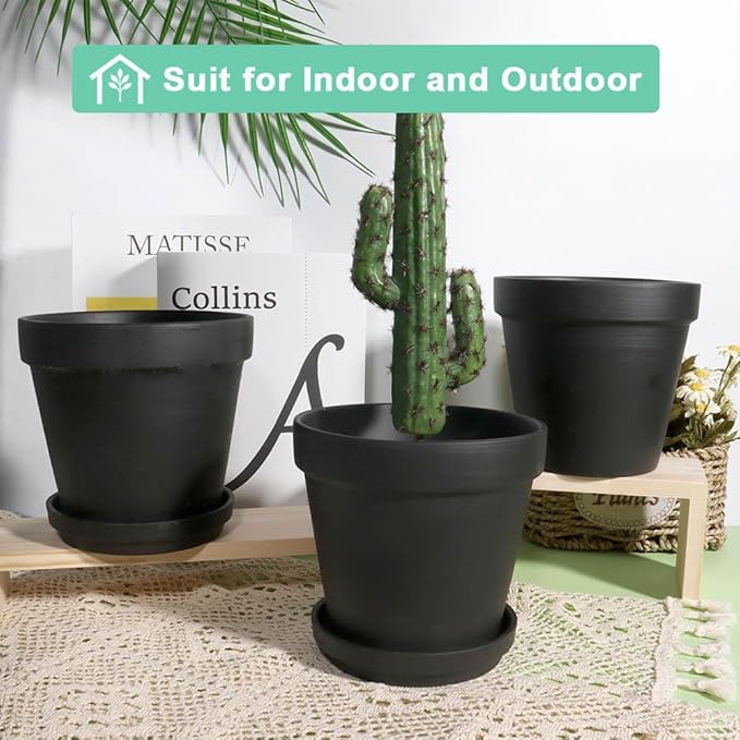 vensovo 6 Inch Black Terracotta & Clay Pots for Plant with Saucer - 4 Pack Medium Terra Cotta Planter with Drainage Hole, Flowerpot for Indoor Outdoor Plants, Crafts, Wedding Favor