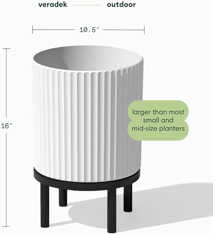 Veradek Demi Series Round Planter w/Stand for Porch/Patio | Durable Plastic-Stone Composite & Wooden Stand | Modern Décor for Tall Plants, Flowers