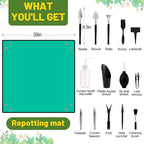 20pcs Small Gardening Tools Gifts for Women Beginners - Garden Hand Tools Set for Indoor Succulent Bonsai Plants Transplanting, Included 39.4" Plant Repotting Mat/Miniature Shovel/Labels, Green