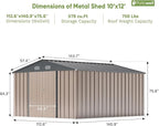 Patiowell 10x12 FT Storage Shed, Outdoor Metal Sheds with Lockable Door and Sloping Roof, Waterproof Outside Large Garden Tool Shed with Breathable Vents for Patio Lawn Backyard, Brown