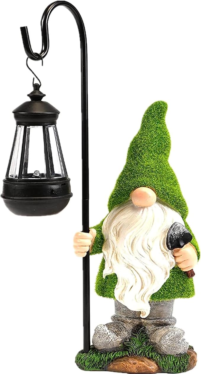 VChymm Flocked Solar Garden Gnomes Outdoor Statues 15.8”Outdoor Garden Decor LED Outdoor Decor Light Unique Housewarming Gifts Yard Art Sculptures for Patio Lawn Ornaments
