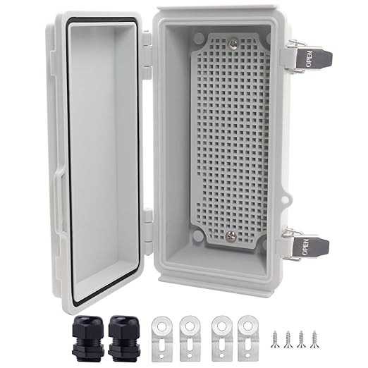 Waterproof Junction Box, ABS Plastic Electrical Box with Stainless Steel Latch, Hinged Cover Electric Project Enclosure Box with Mounting Plate, Wall Brackets & Cable Gland 7.9"x3.9"x2.8"