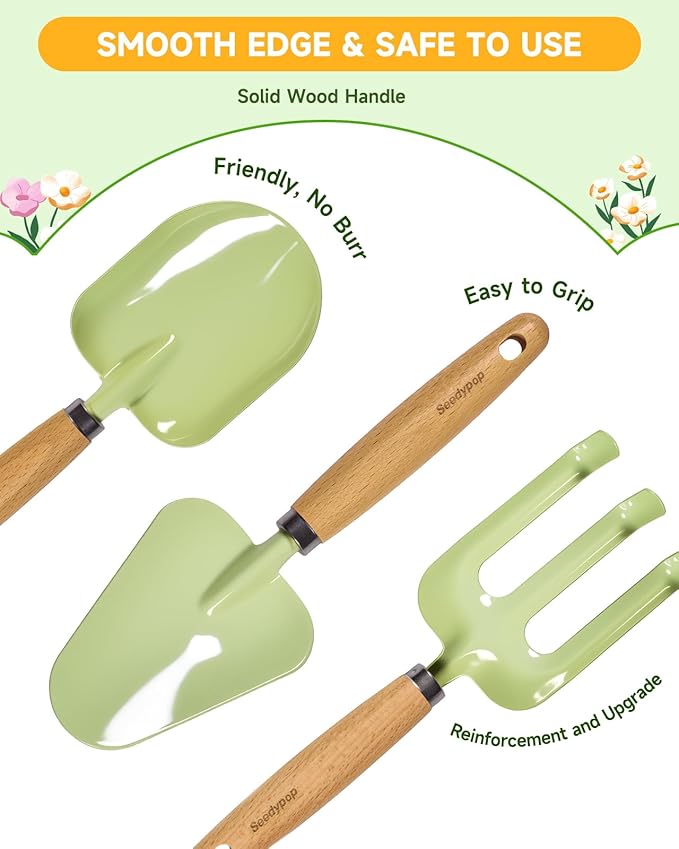 Handmade Kids Gardening Tools Set - 8Pc Artisan Garden Kit with Real Wood Handles, Metal Heads, Frog Hat, Panda Apron & Tote - Nature Learning Gift for Toddlers & Kids (Sage Green)