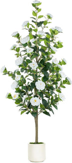 BLOSMON Artificial Trees for Home Decor: Indoor 4.9ft Tall Fake Plants Outdoor Camellia Flowers Tree for Front Porch - Faux White Rose Plant with Pot for Living Room Door Patio Deck Yard