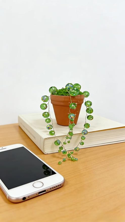 Bling Suncatcher String of Beads Plant Hanging, Handcrafted Crystal Succulent Sun Catchers for Window Hanging, Gardenn Crystal Sun Catcher Plant Lover Gift Mom Gifts (Green)