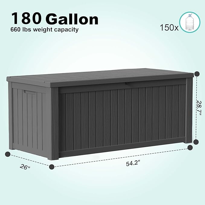 PatioZen 180 Gallon Resin Deck Box, Lockable Weatherproof Outdoor Storage Box for Furniture, Garden Tools and Tools Storage, Waterproof Outside Storage Boxes - Black