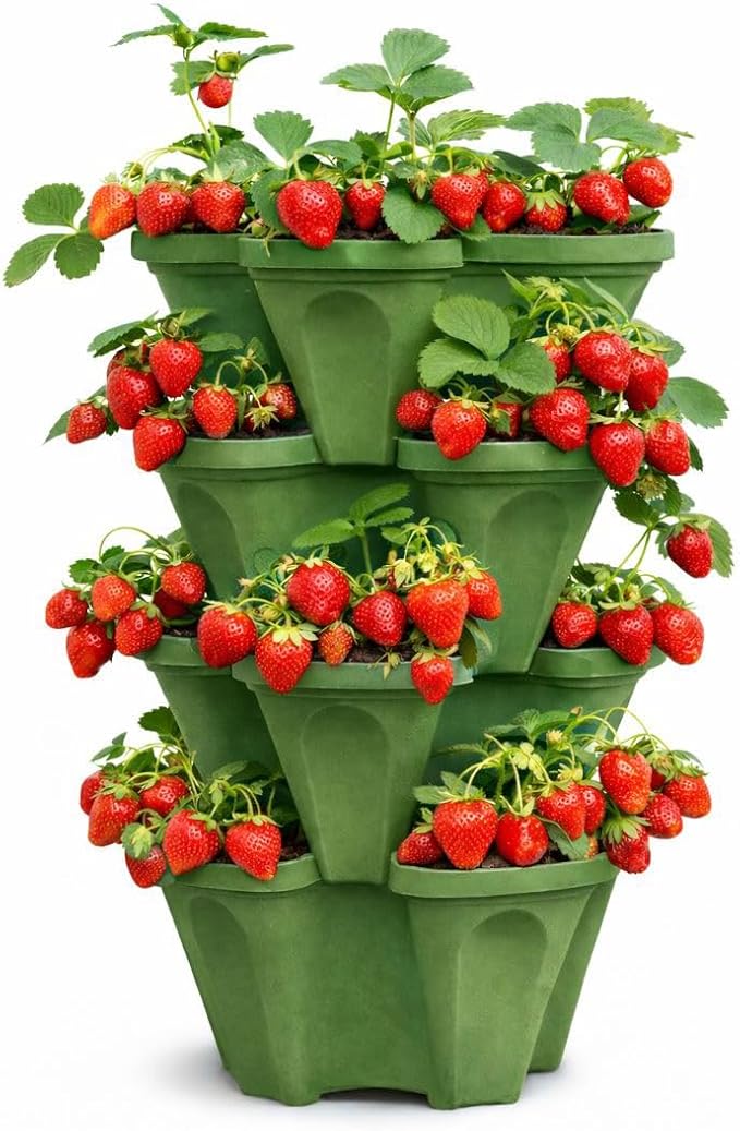 Vertical Garden Planter Stackable System 4 Plants per Pot, Space Saving Herb, Strawberry & Food Crop Planter with Center Support Hole for Indoor Outdoor Gardening (36, Sagebrush Green, Small)