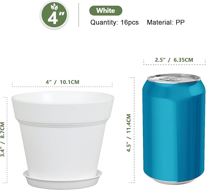 Meowell 4 inch Small Plastic Nursery Pots, 16 Pack Plant Pots for Indoor Outdoor Plants, Flower Pots with Drainage Holes and Saucers, Decorative Seedling Starter Planters for House Plants, White