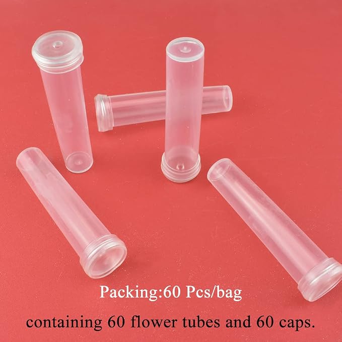 HAHIYO 60PCs 2.8X0.7Inch Transparent Plastic Floral Tubes Floral Water Tubes Flower Vials with Silicone Caps for Plants Fresh Flowers Arrangement Decoration Milkweed Cutting Florist Supplies