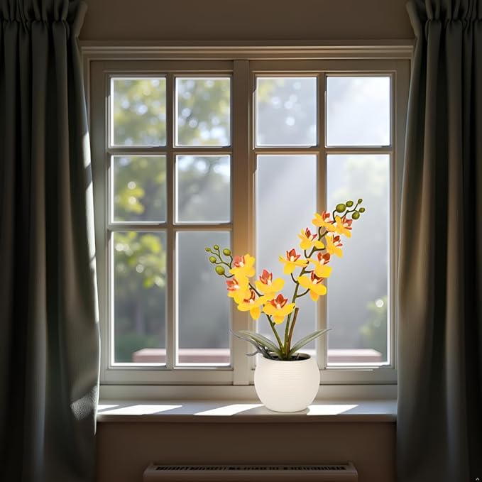 Artificial Orchid Yellow Flower Potted in White Pot, Real Touch Faux Phalaenopsis Orchid for Wedding Home Office Party Decor