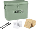 Seed Storage Organizer, T-Shape Compartment Seed Box with Safety Lock, Metal Seed Saving Box, Portable Seed Bin Container with Handle, Including 2 Pens 20 Plant Labels 50 Seed Envelopes-Green