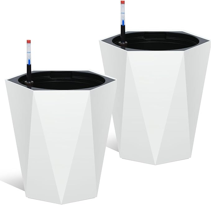 16 in Self Watering Planters Set of 2, Tall Diamond Design, with Water Level Monitor, Indoor Outdoor Flower Pots for Patio, Porch, Living Room, Home Office