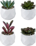 MyGift Miniature Artificial Succulents, Indoor Fake House Plants in Round White Geometric Ceramic Pots, Set of 4
