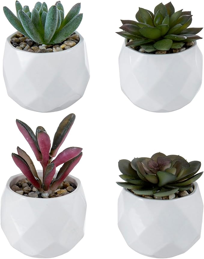 MyGift Miniature Artificial Succulents, Indoor Fake House Plants in Round White Geometric Ceramic Pots, Set of 4
