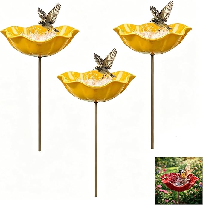 Handmade Metal Flower Garden Stake Bird Bath, Hummingbird Feeder, Bee & Butterfly Puddler, Mini Pollinator Watering Station for Garden Patio Lawn Yard Decor, Yellow, 3PCS
