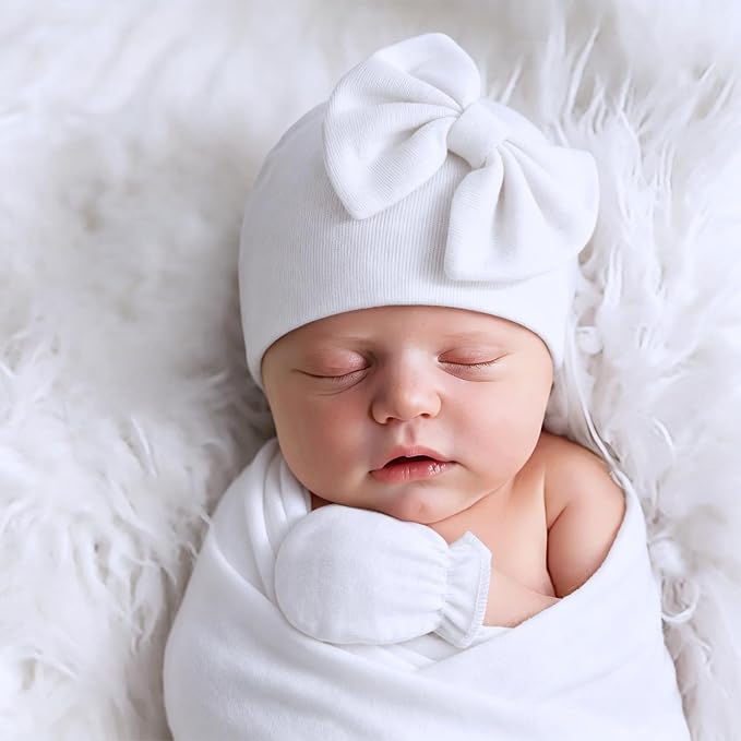 BQUBO Newborn Baby Girls Hats Mittens Set Hospital Hat Beanie Infant Bow Hats Baby Cotton Gloves for 0-6 Months