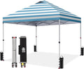 CROWN SHADES 10x10 Pop Up Canopy - Beach Tent with One Push Setup - Easy Outdoor Sun Shade for Events, Parties, Camping - Gazebo with STO-N-Go Cover Bag, Silver Coated Top, Cyan Blue Stripes
