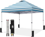 CROWN SHADES 10x10 Pop Up Canopy - Beach Tent with One Push Setup - Easy Outdoor Sun Shade for Events, Parties, Camping - Gazebo with STO-N-Go Cover Bag, Silver Coated Top, Cyan Blue Stripes