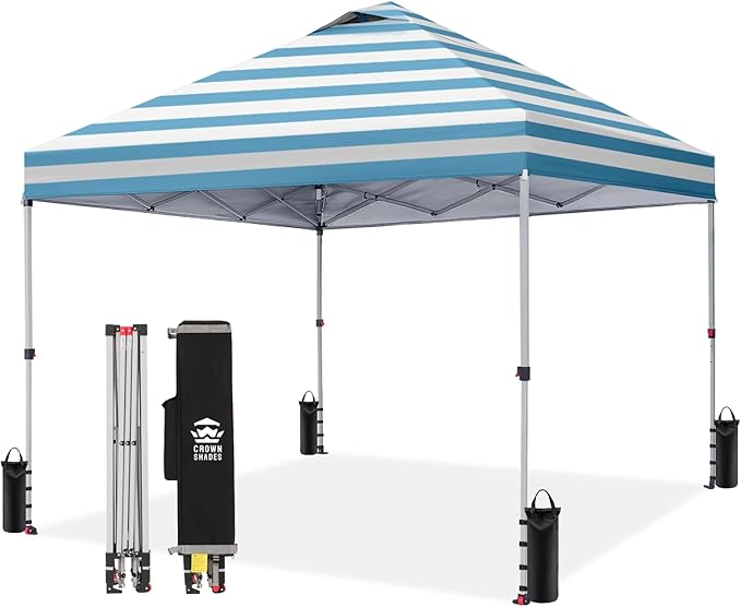 CROWN SHADES 10x10 Pop Up Canopy - Beach Tent with One Push Setup - Easy Outdoor Sun Shade for Events, Parties, Camping - Gazebo with STO-N-Go Cover Bag, Silver Coated Top, Cyan Blue Stripes