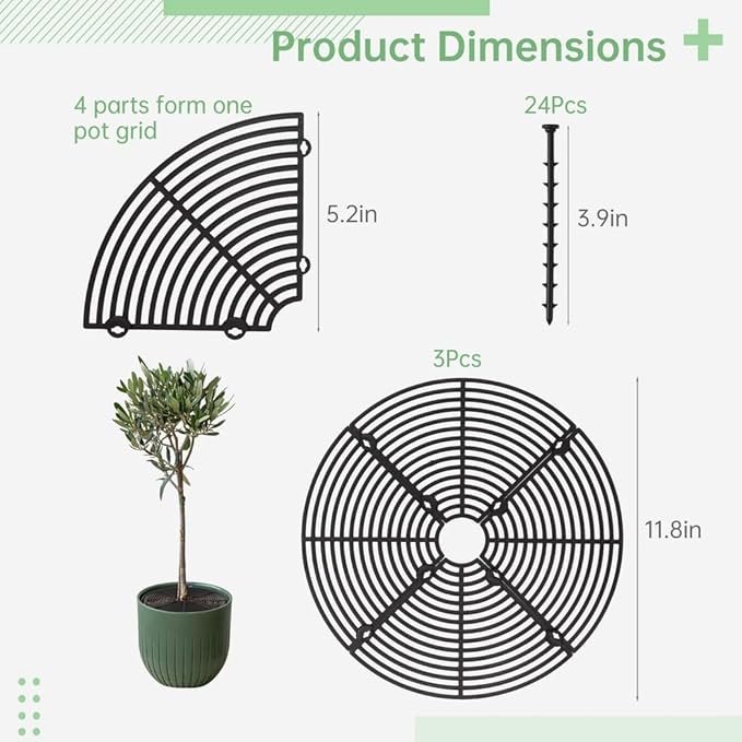 3 Pcs Plant Pot Grids, 11.8 in Cuttable Grid Flower Pot Covers with 24 Stakes, ABS Plant Flower Protectors, for Indoor Outdoor Plants, Pets Digging Stoppers