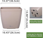 Dexceder 15x14 Self Watering Planter with Wheels Indoor Outdoor, Inner Mat Design, Thickened Large Floor Standing Flower Plant Pot with Water Level Indicator (Taupe Matte)