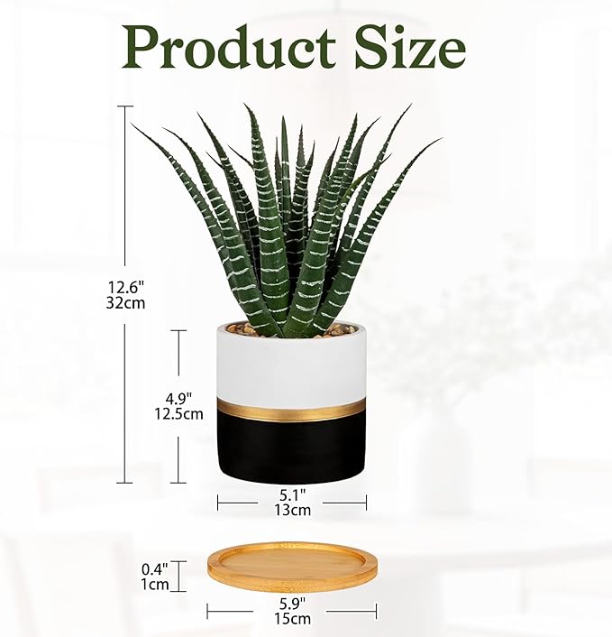 Briful Artificial Succulent Plant in Pot with Bamboo Tray, Faux Agave Potted Plant, Realistic Aloe Fake Plant for Home, Office Desk, Shelf, Modern Indoor Decoration