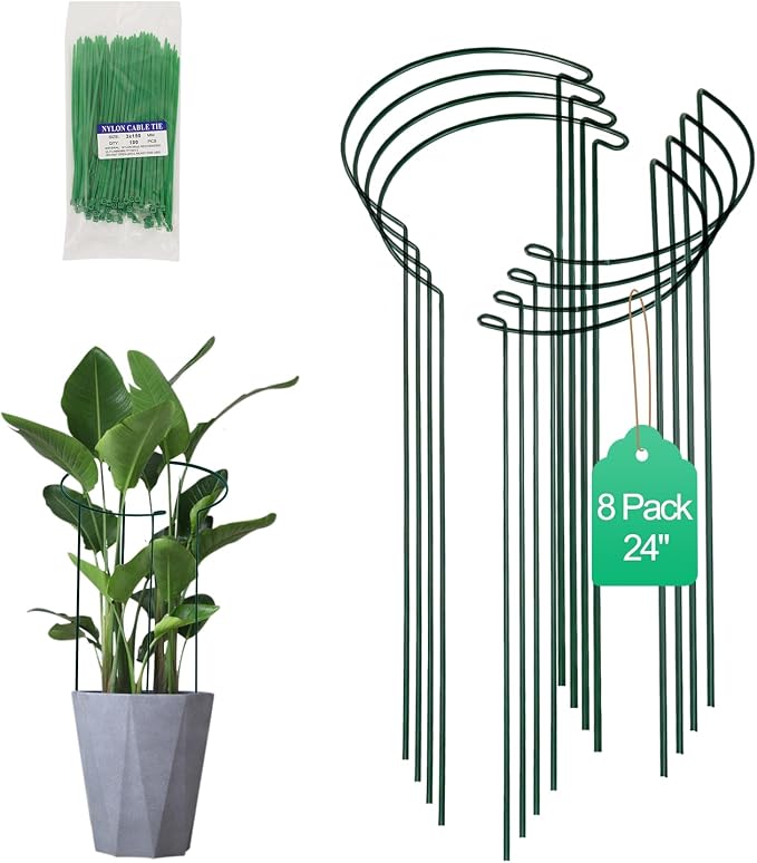 Tall Heavy-Duty 24in Plant Support Stakes - 8 Pack Adjustable Peony Cages & Supports for Outdoor Plants, Half-Round Garden Stakes for Hydrangea, Roses with Extension Stakes