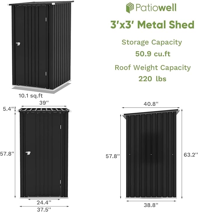 Patiowell 3x3 FT Storage Shed, Outdoor Metal Small Sheds with Lockable Door and Sloping Roof, Waterproof Outside Utility Garden Tool Shed for Patio Lawn Backyard, Black