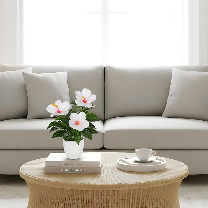 Briful Artificial Hibiscus Flowers in Pot, 14.5’’ Faux Hibiscus Plant, Spring Summer Flowers for Home Decor, Farmhouse Table Decor & Coffee Table Decor, Indoor Potted Fake Flower, White