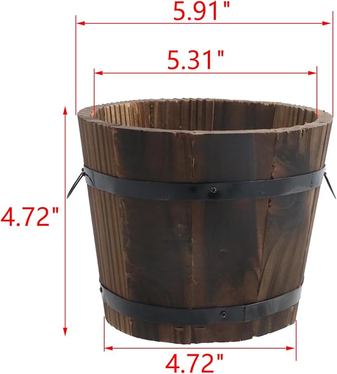 MY MIRONEY Plant Pots, Vintage Wooden Barrel Planter - Solid Rustic Garden Flower Pot with Metal Handles & Frame for Indoor Planter, Office Home Decor, Garden Home Plants, 5.91" x 4.72"