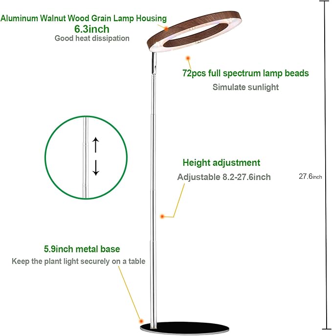 Yadoker 72 LEDs Plant Grow Light for Indoor Plant,Walnut Wood Grain Aluminum LED Grow Light with Black Base, Height Adjustable,6.3" Aluminum Housing,Automatic Timer with 8/12/16 Hours,1 Pack