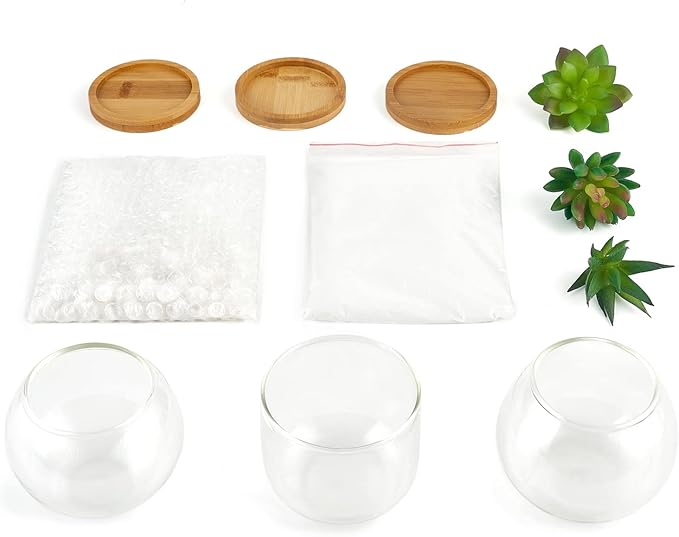 Mkono Artificial Succulent in Clear Glass Pot, 3 Mini Potted Fake Plants for Women Office Decor Small Faux Green Plant with BambooTray for Bookshelf Bathroom Kitchen Tabletop Centerpiece