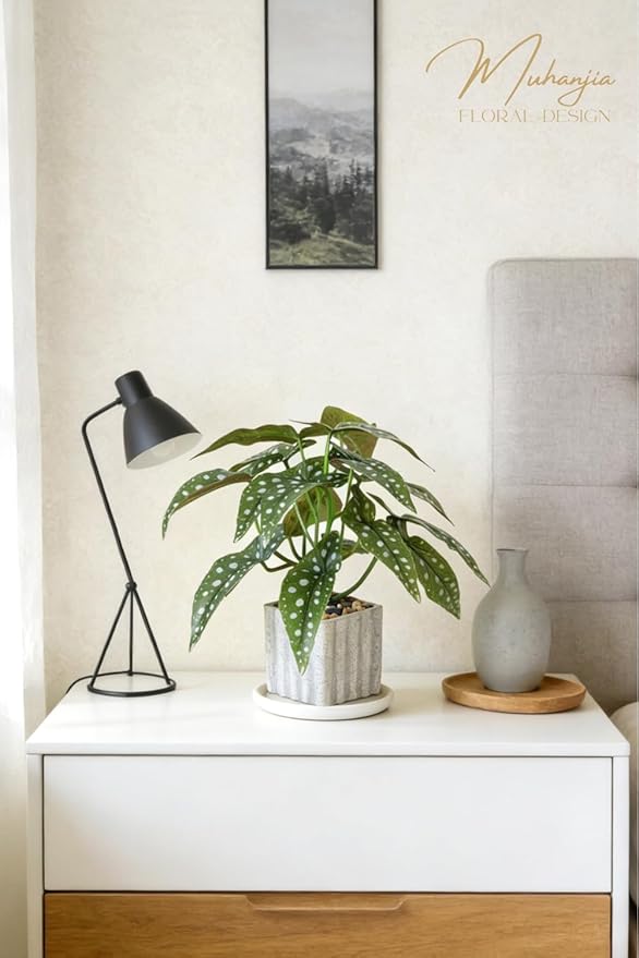 Muhanjia Artificial Potted Plant, Lifelike Faux Greenery in Decorative Cement-Look Square Pot for Indoor Home Decor Centerpieces (Polka Dot Begonia)