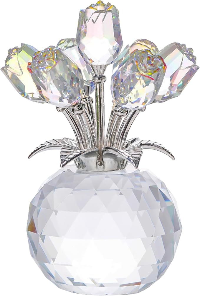 YWHL Handmade Crystal Clear Rose Flower Figurine with Round Vase, Romantic Rose Gifts for Women on Anniversary Birthday Christmas, Glass Rose for Mom Wife Grandma, Wedding Home Decorations
