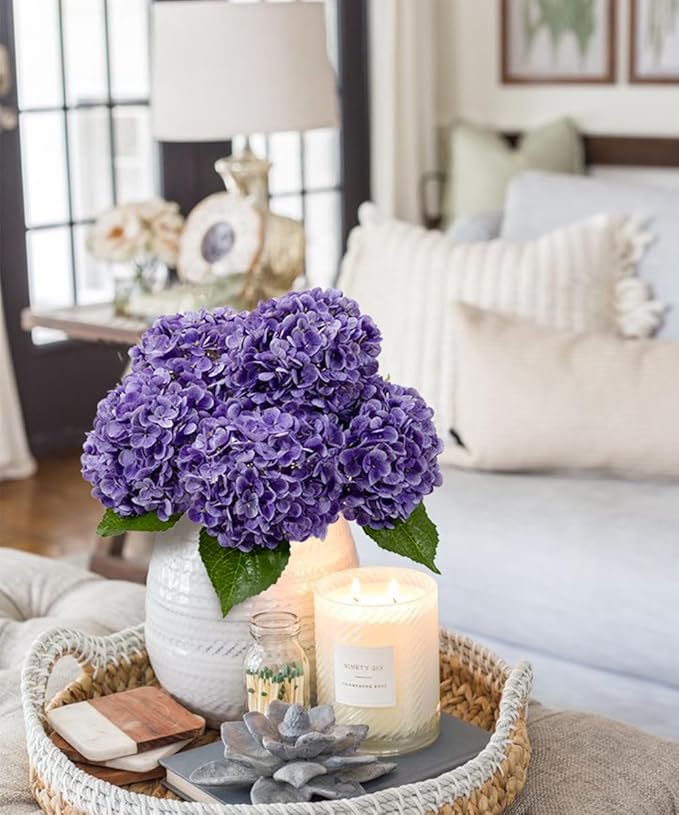 DuHouse 3Pcs Hydrangea Artificial Flowers,Latex Real Touch Hydrangeas with Long Stems & Leaves for Home Decor Party Floral Arrangements Wedding Bouquets Centerpieces(Purple)