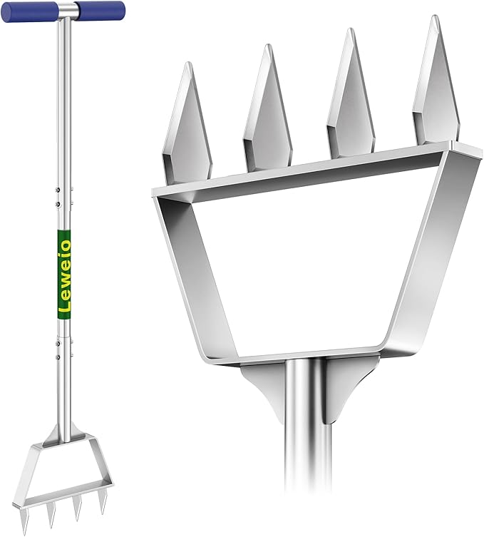 Manual Lawn Aerator Spike Tool, Semi-Assembled, Non-Clogging Spike Aerator with 4 Steel Spikes, Ergonomic Handle & Reinforced Welding for Compacted Soil Loosening & Yard Aeration - Green
