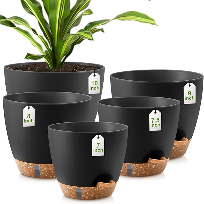 QRRICA Plant Pots 10/9/8/7.5/7 Inch Self Watering Pots, with Drainage Holes and Saucers,Water Level Indicator & Deep Reservoir,Large Plastic Planter for Indoor Out Door Plants (Black)