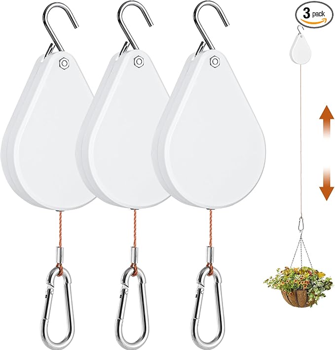 WROSWT Upgraded Retractable Plant Hanger,Plant Pulleys for Hanging Plants,Easy to Raise and Lower,Auto Lock,Heavy Duty,Adjustable Hook for Garden Baskets Pots,Birds Feeder,(3Pcs,White)
