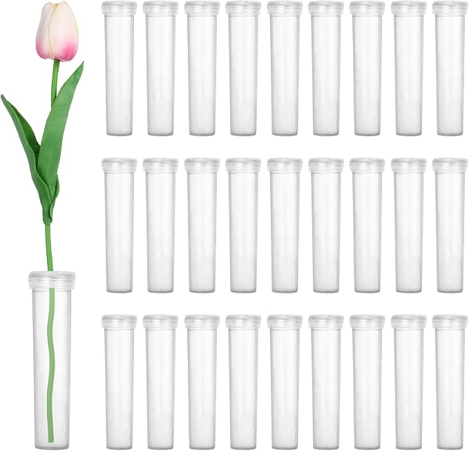 MECCANIXITY 28 Pcs Floral Water Tubes, 3 Inch Clear Flower Water Tubes Floral Vials with Plastic Caps for Fresh Flowers Arrangement Decor Milkweed Cutting Florist Supplies, Clear