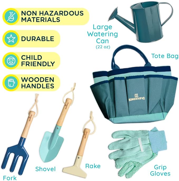 Kinderific Gardening Set, Tool Kit, for Kids, STEM, Includes Tote Bag, Spade, Watering Can, Rake, Fork, Trowel and Gloves (Ocean Blue)