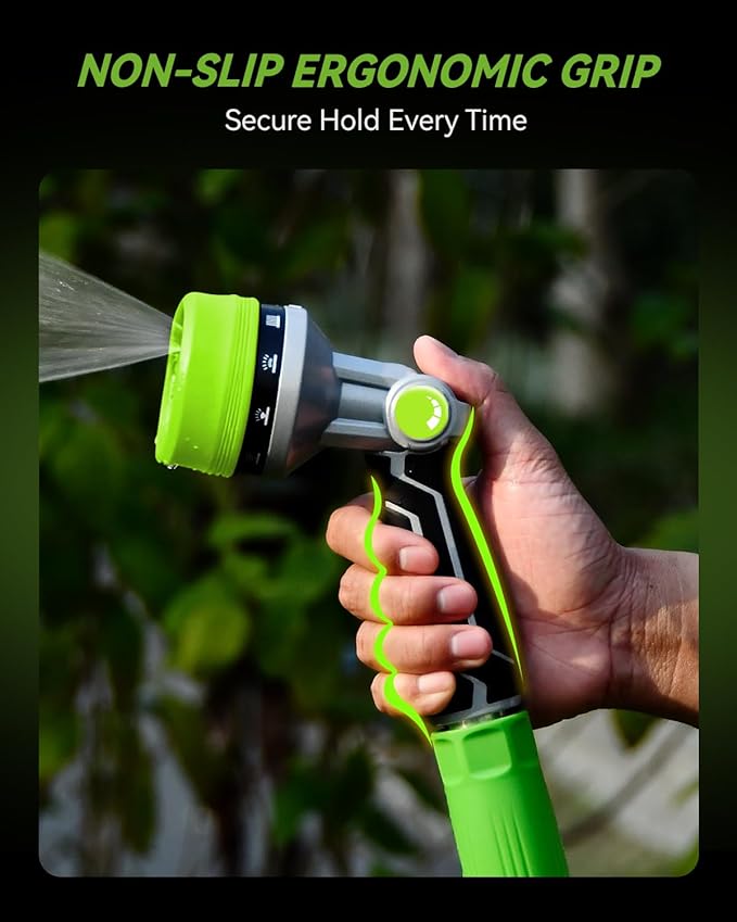 RAINPOINT Full-Metal Garden Hose Nozzle, Heavy Duty Water Hose Nozzle Sprayer With 10 Adjustable Patterns & High Flow,Thumb Control For Flow Adjustment, Ideal For Watering, Washing, Cleaning,Green